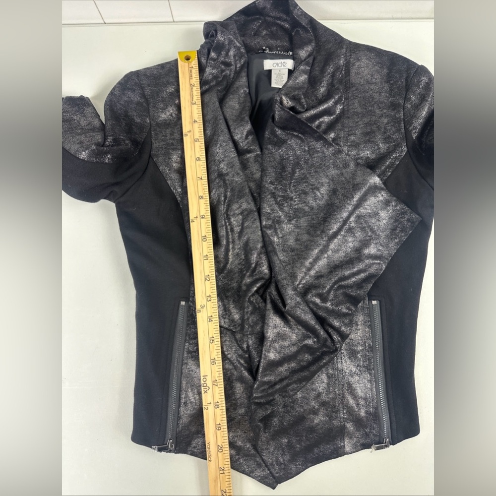 Cache Sz S Black Coated Drape Open Front Cardigan Sweater Side & Sleeve Zip - Picture 12 of 13